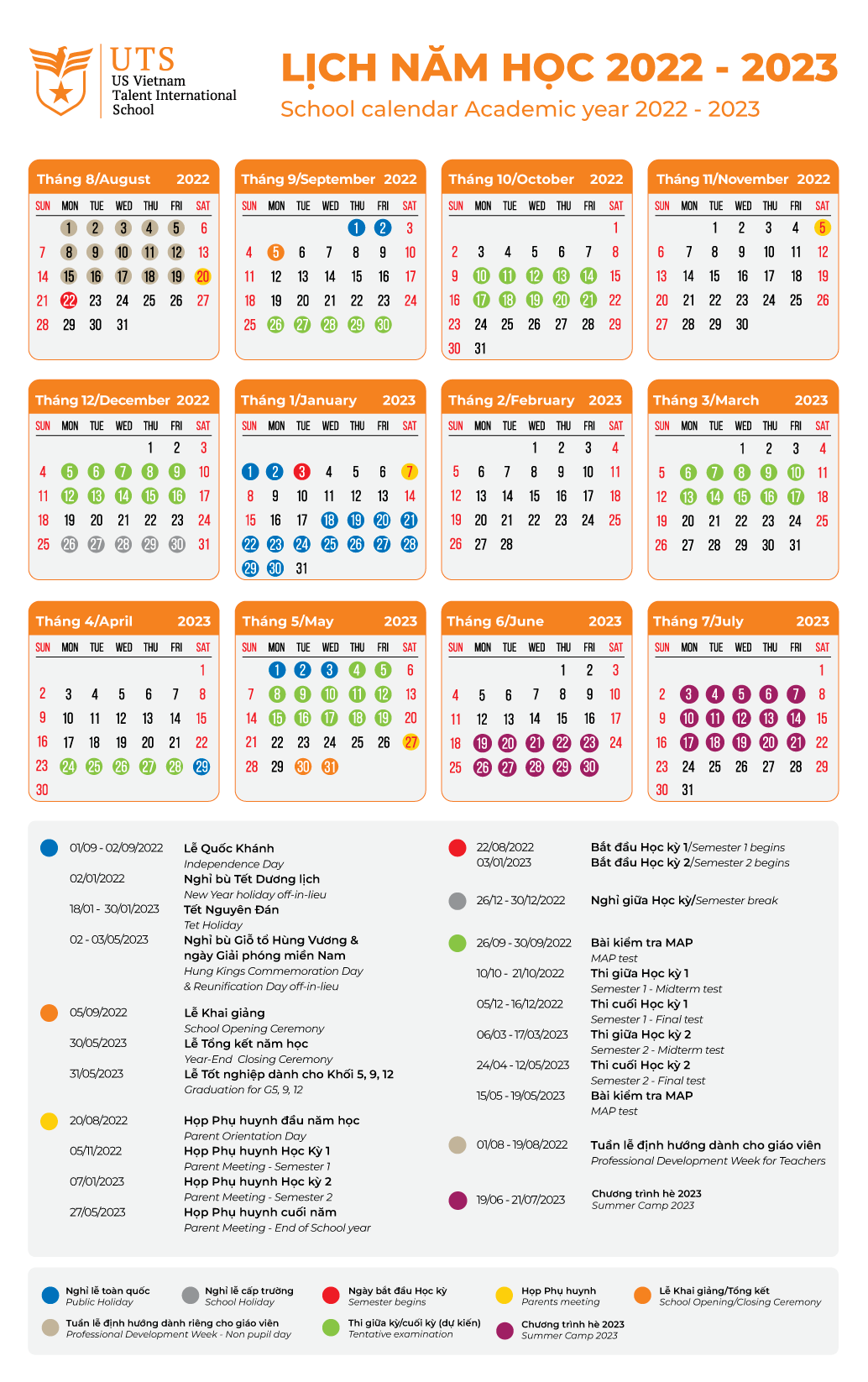 Academic calendar Trường Quốc tế Nam Mỹ UTS