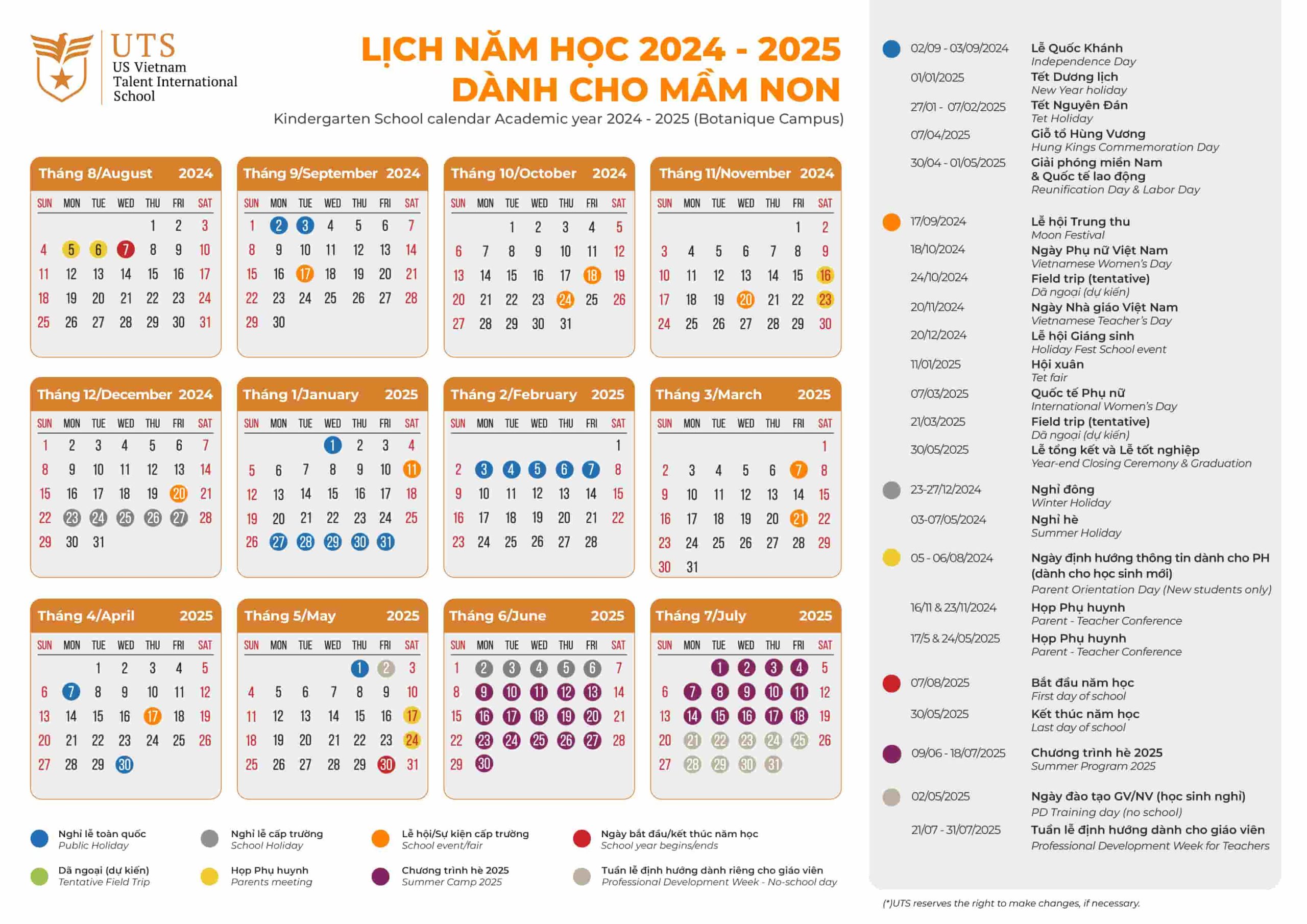 2024-2025 UTS Botanique Calendar